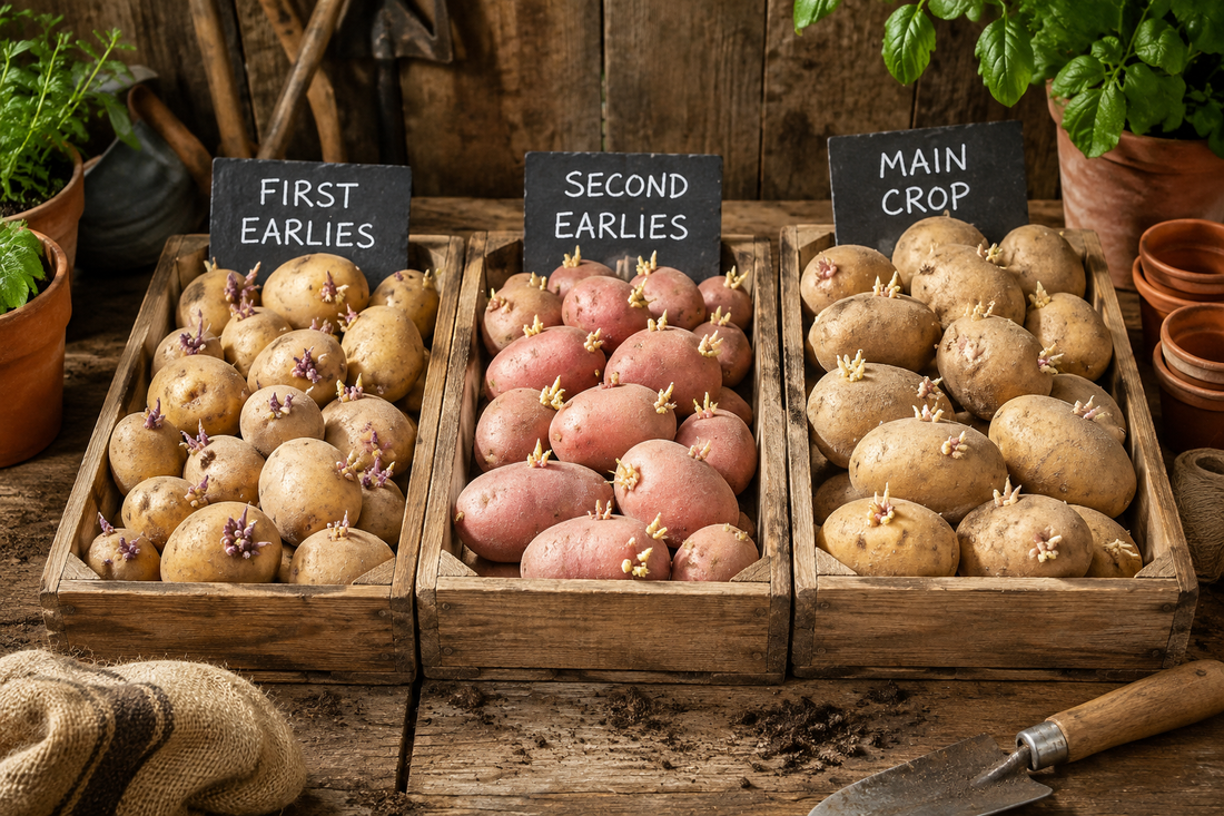 Seed potatoes in trays labelled first earlies second earlies and maincrop Different potato varieties prepared for planting in a rustic allotment setting Chitting seed potatoes before planting in spring